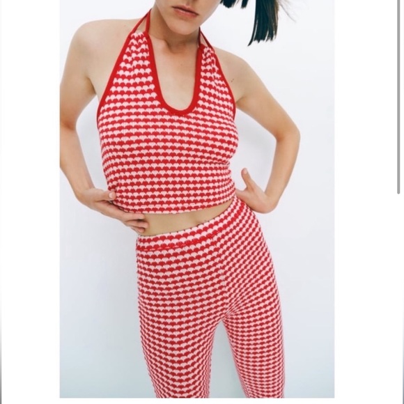 Zara Retro High Waisted Knitted Pants Red White Gingham Size S - Picture 3 of 3